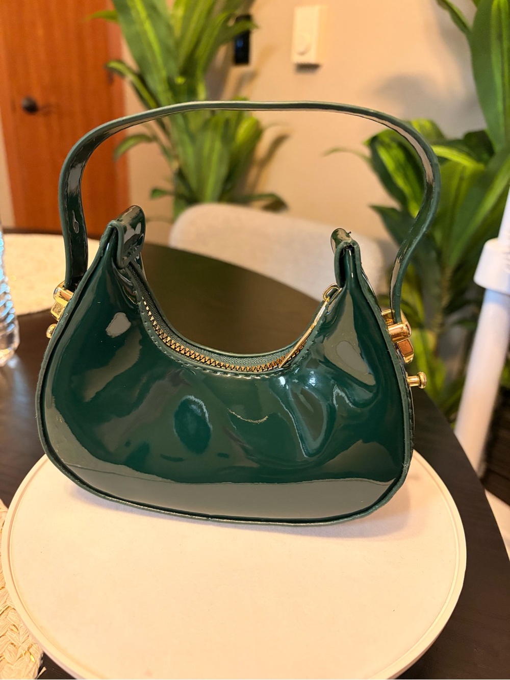 Patent Mini Shoulder Bag in Deep Green with Gold Hardware